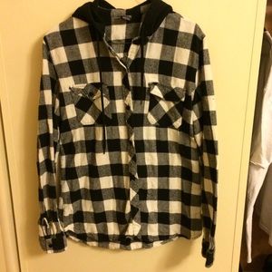 Blue and white plaid flannel with hood